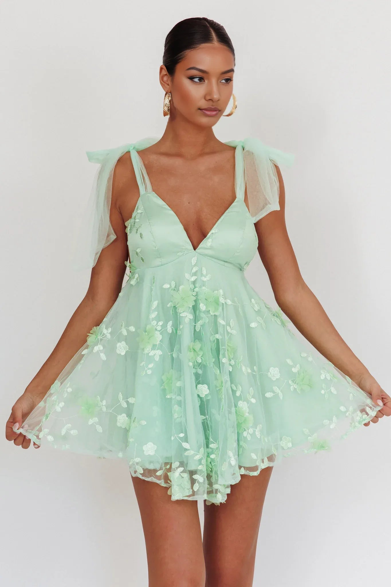 Cute A-line Plunge Neck Tulle Strap Mini Party Dress With 3D Floral Appliqué