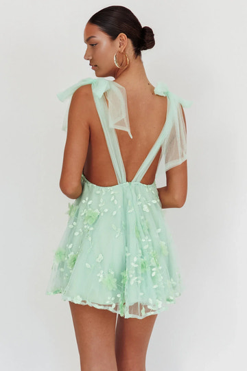 Cute A-line Plunge Neck Tulle Strap Mini Party Dress With 3D Floral Appliqué