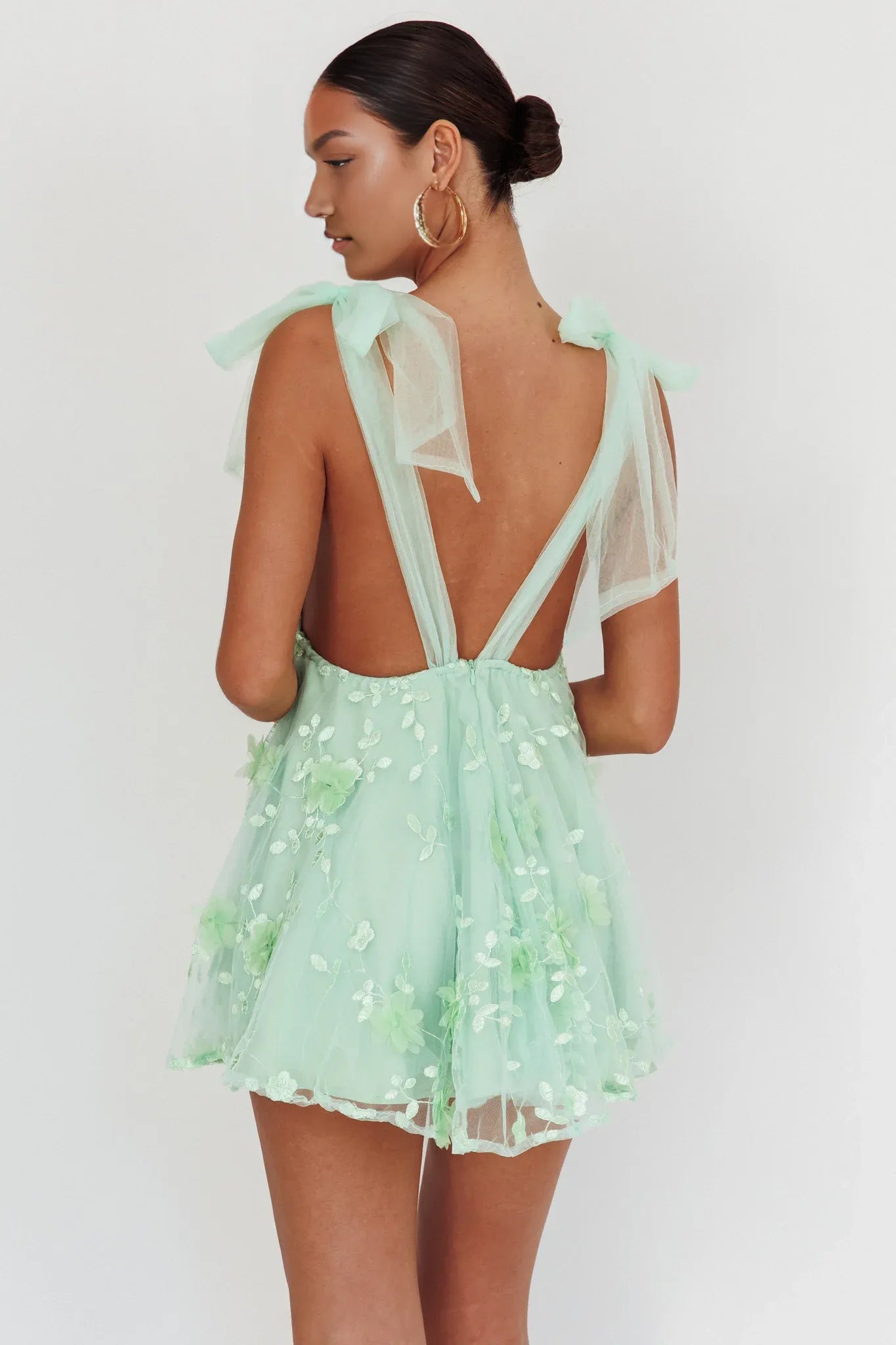 Cute A-line Plunge Neck Tulle Strap Mini Party Dress With 3D Floral Appliqué