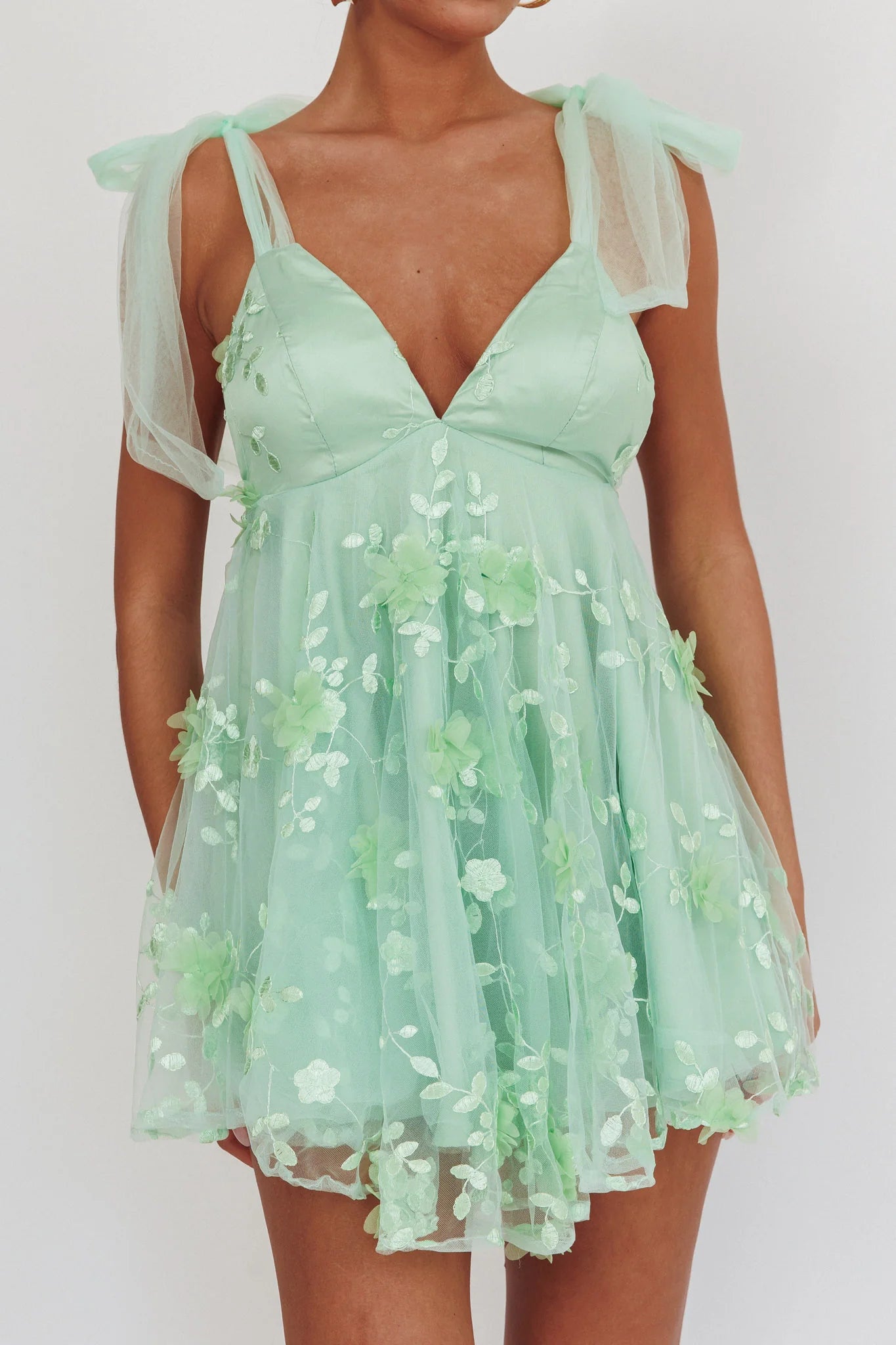 Cute A-line Plunge Neck Tulle Strap Mini Party Dress With 3D Floral Appliqué