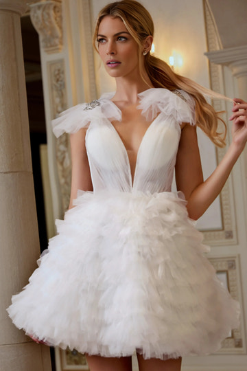 A-line Princess Plunging V-neck Tulle Mini Beaded Homecoming Dress