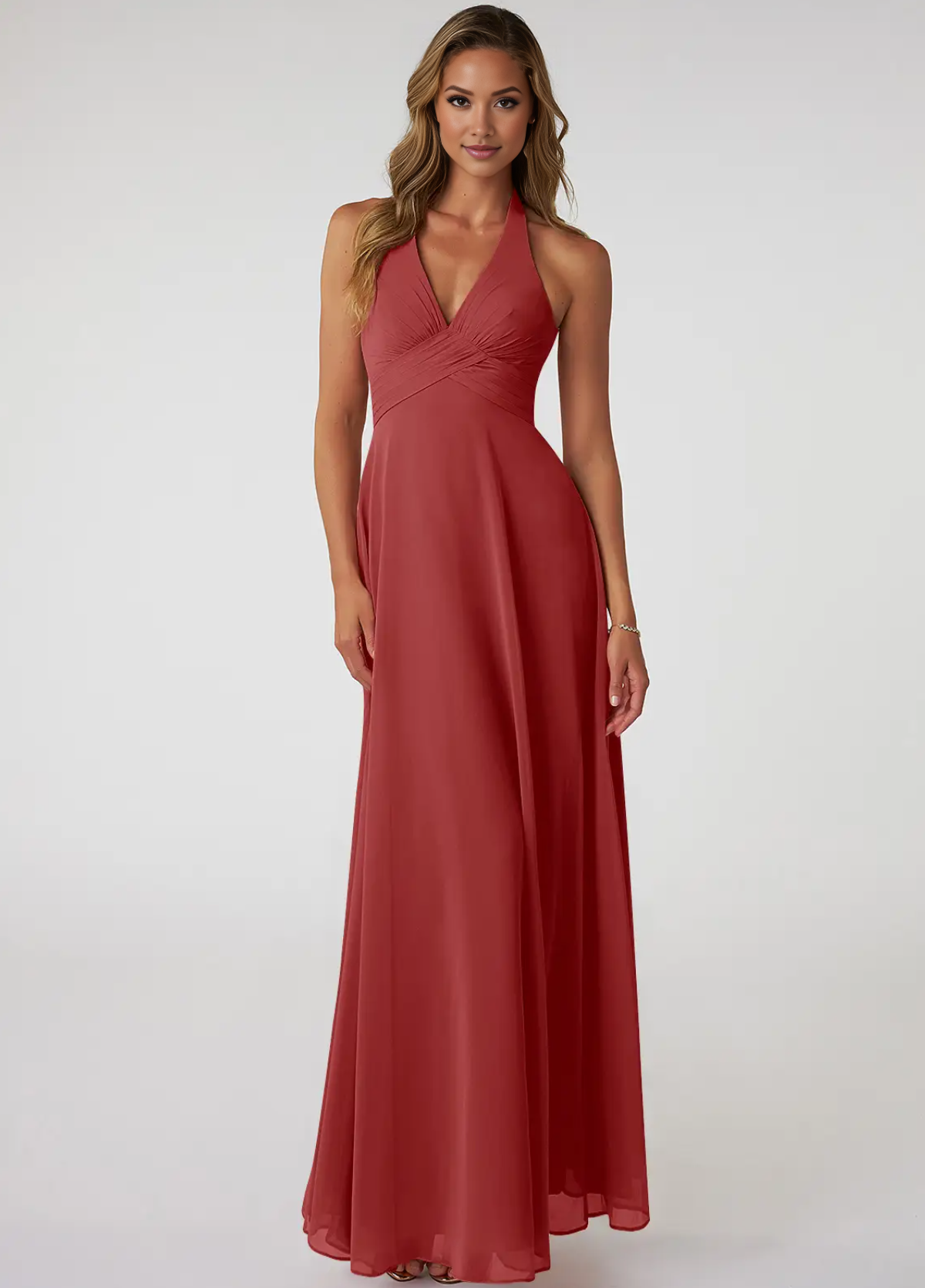 Women's  V-Neck Pleated Chiffon Coctail Bridesmaid Dresses Ruching A-Line Maxi Formal Evening Gown