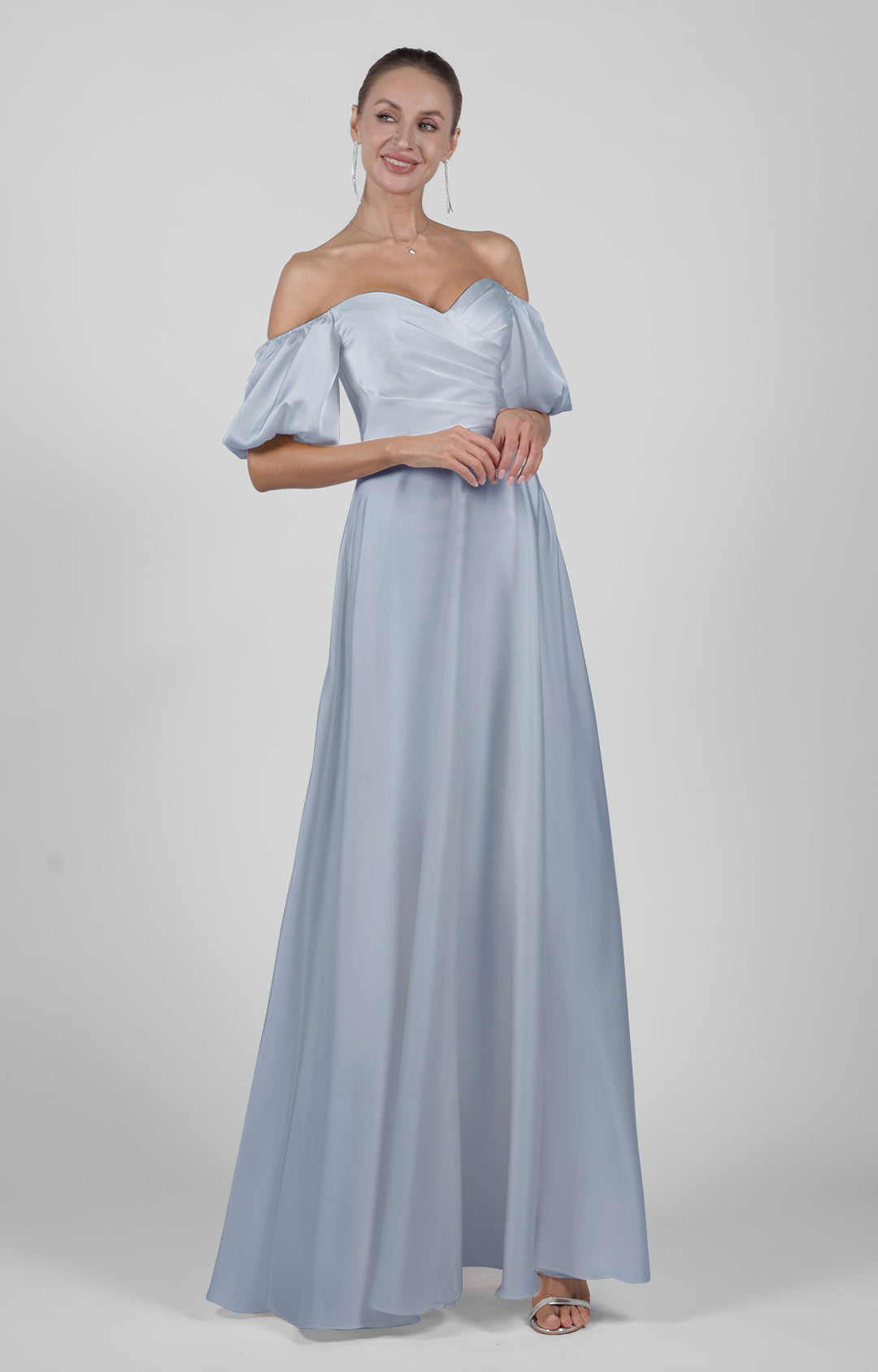 Elegant Off Shoulder Satin Wedding Dress with Puff Sleeves Floor-Length Bridesmaid Maxi Dress