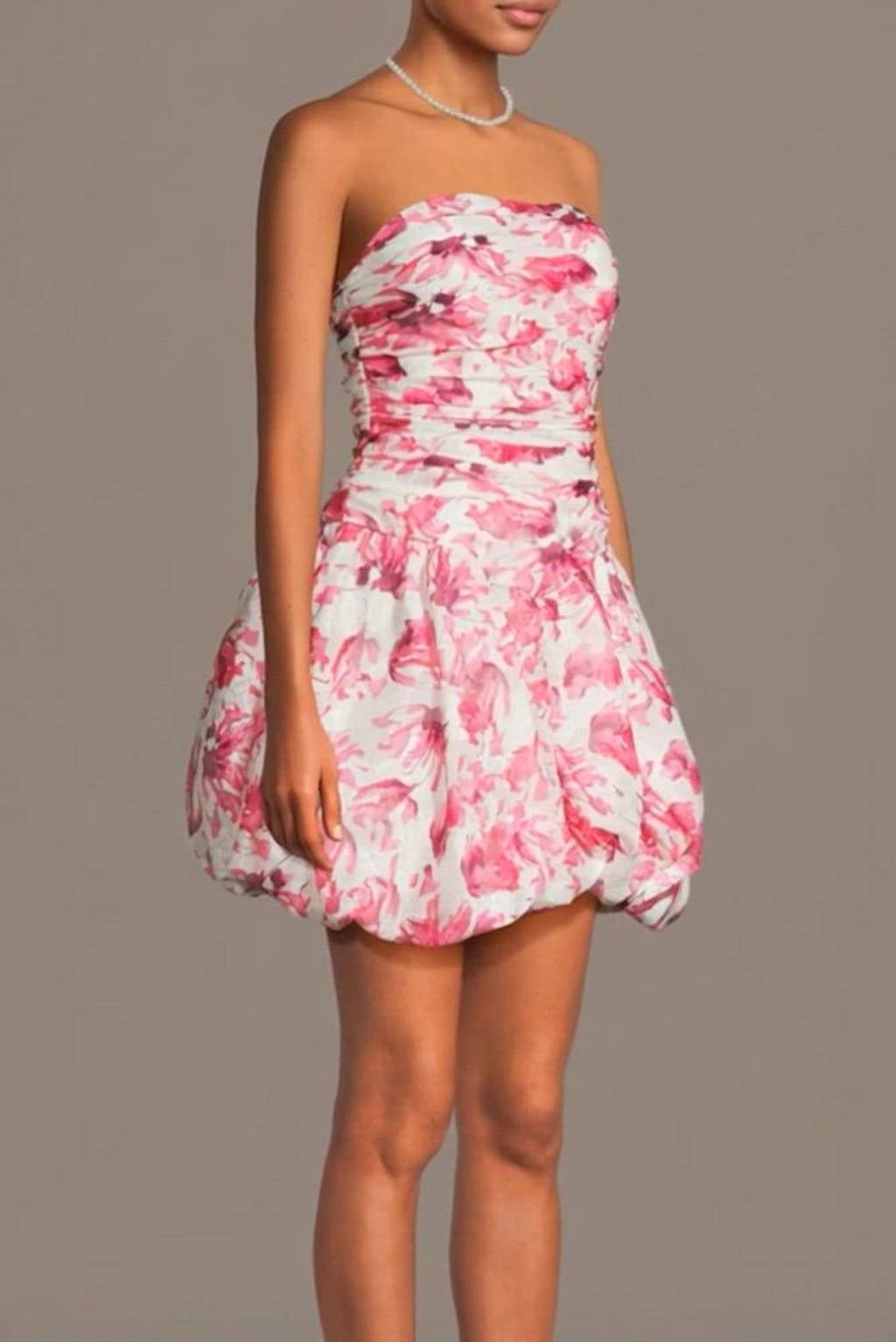 Floral Bubble Strapless Zip Back Mini Homecoming Dress