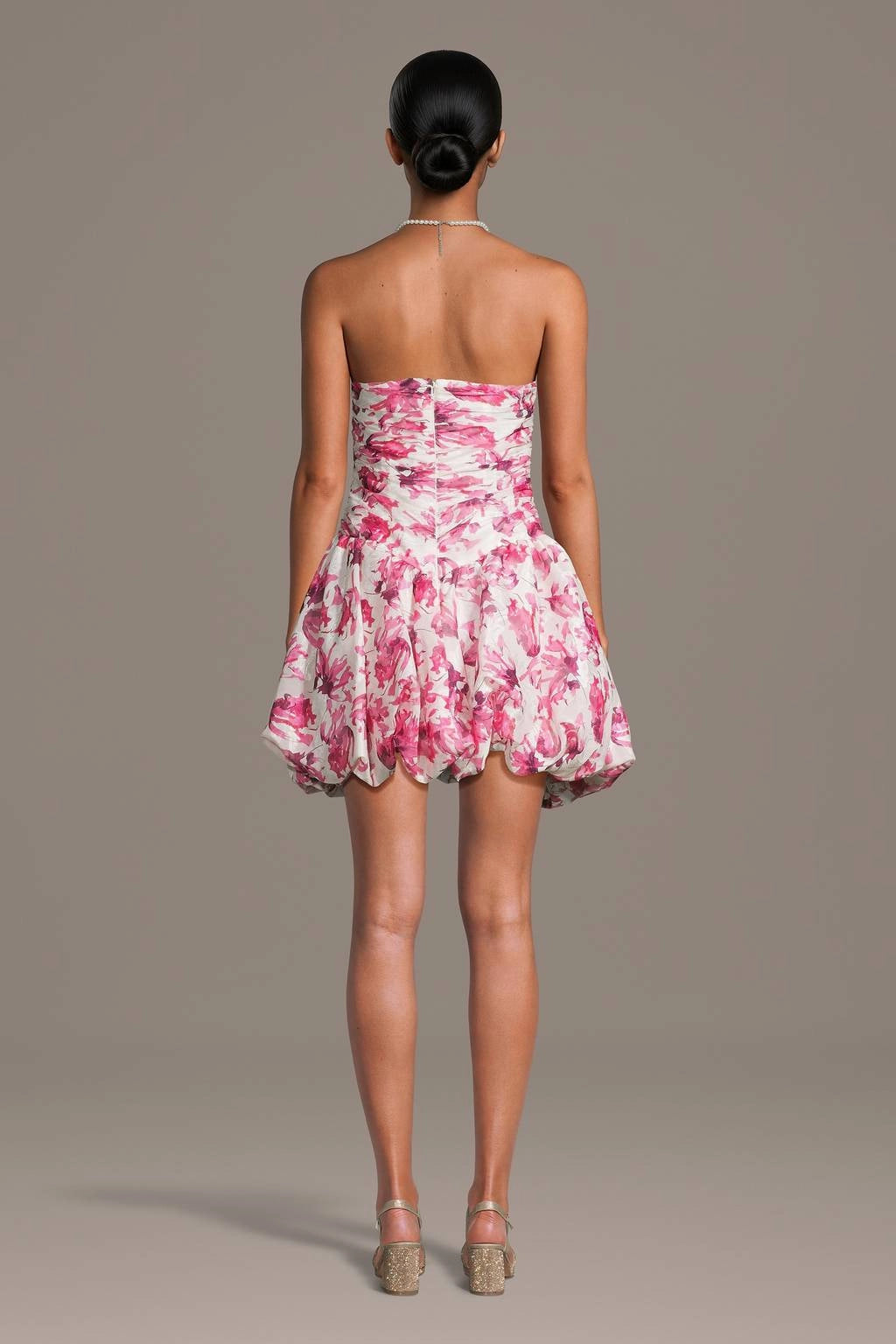 Roselle Dress white base floral strapless zip back bubble mini dress back view