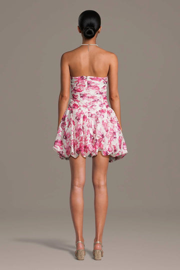 Vedress Pink Floral Strapless Zip Back Bubble Mini Dress Back View
