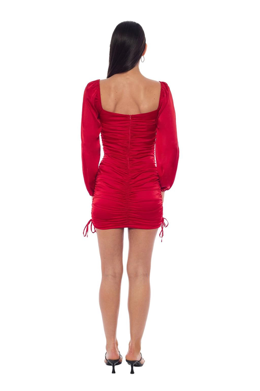 Roselle Dress red satin bodycon zip back long sleeve mini dress back view