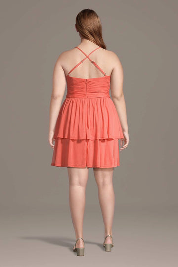 Vedress Coral Plus Size Cross Back Spaghetti Strap Mini Dress Back View
