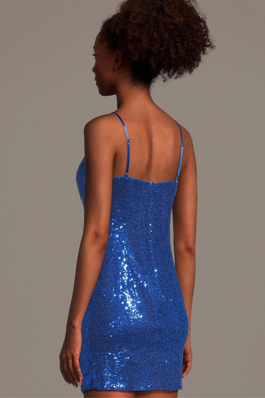 Blue Sequin Corset Spaghetti Strap Zip Back Mini Homecoming Dress