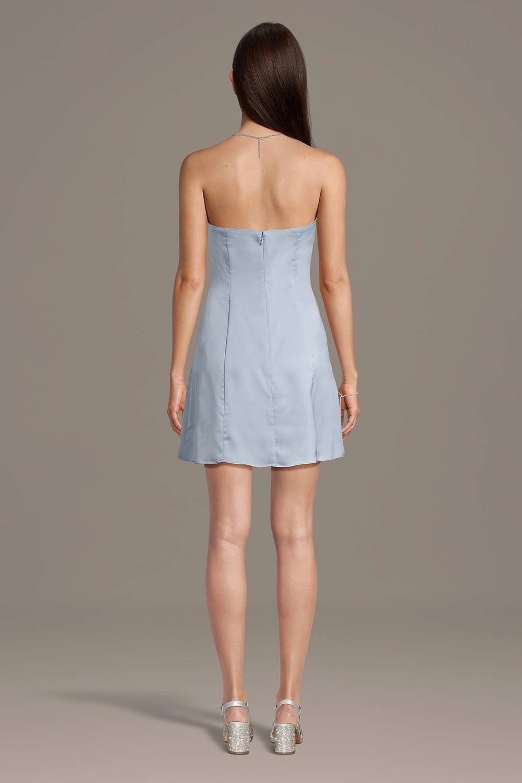 Vedress Dusty Blue Satin Strapless Zip Back Mini Dress Back View