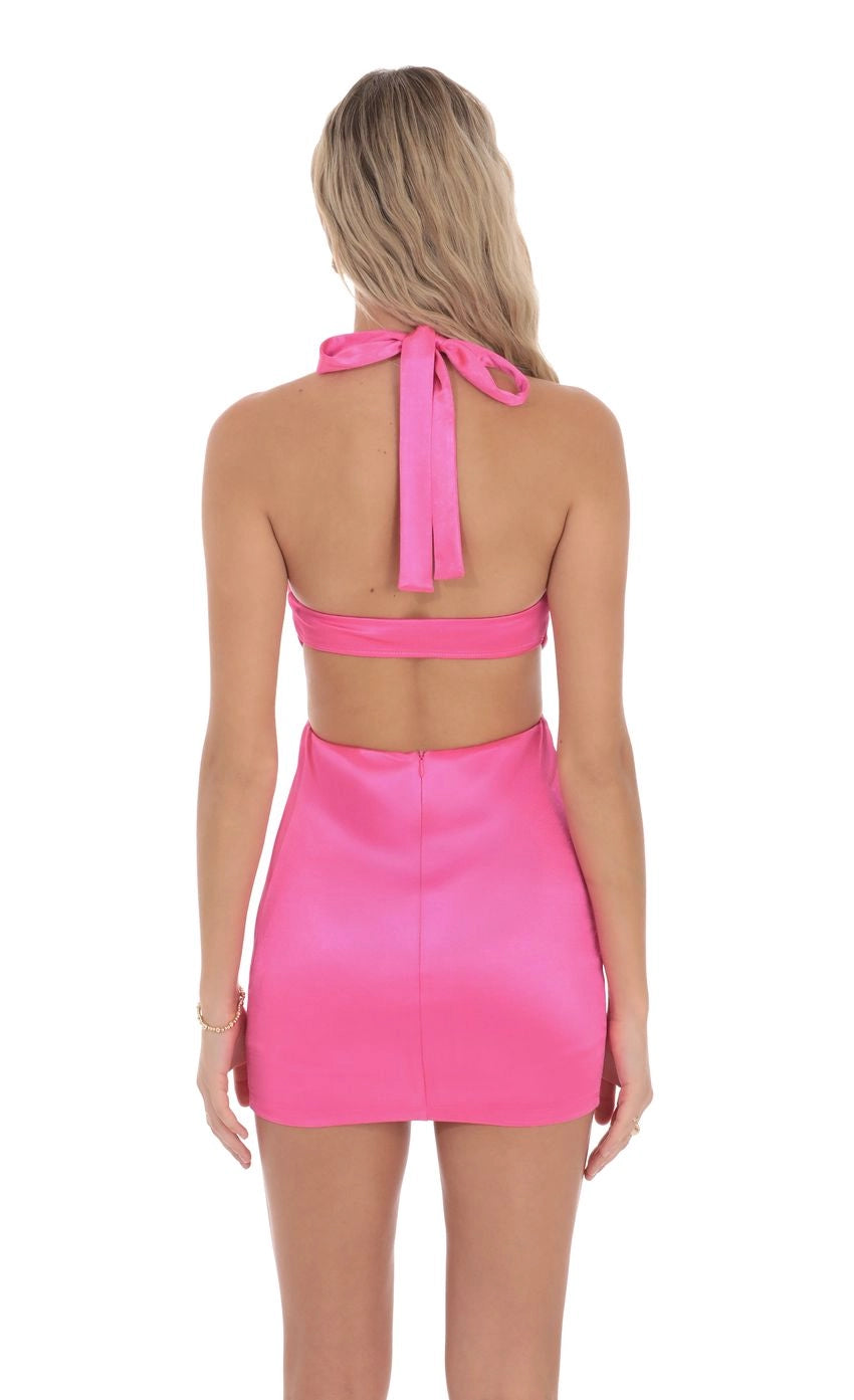 Pink Satin Halter Tie Back Cutout Mini Homecoming Dress