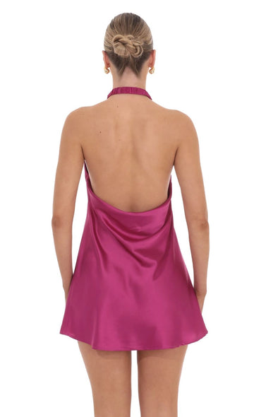 Vedress pink satin draped cowl open back sleeveless party dress back detailed view