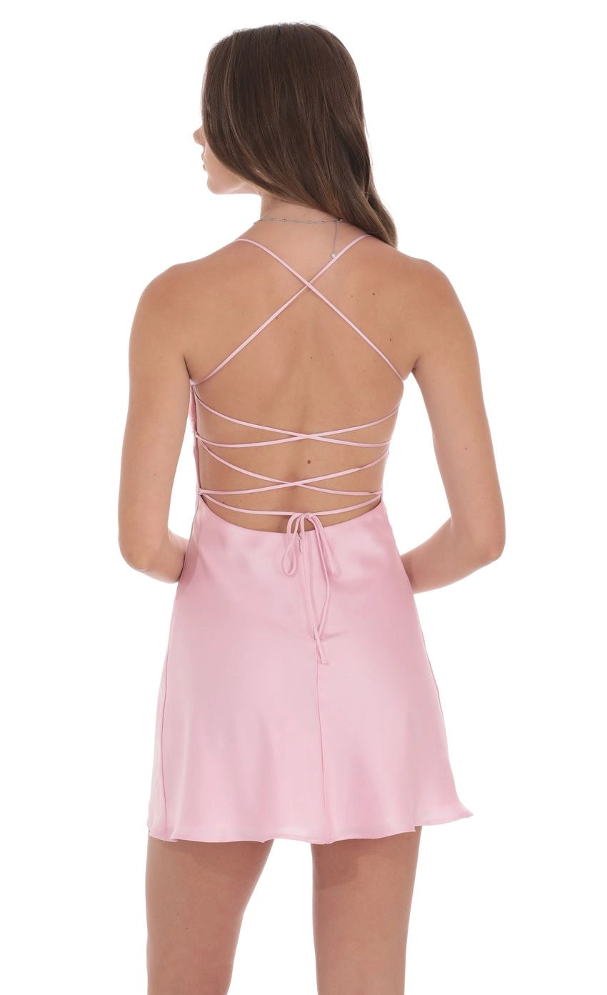 Vedress crisscross lace up open back pink satin homecoming mini dress back view
