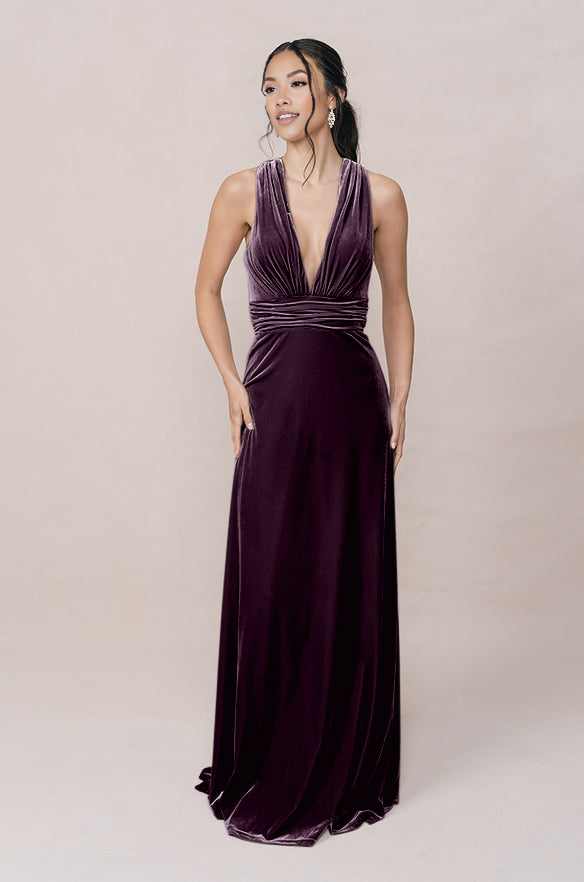 Women's Velvet Deep V-Neck Floor length Bridesmaid Dress with Crisscross Low Back Versatile for Formal Weddings