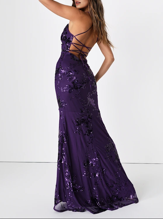Vestido de Noche Sirena Glamuroso con Tirantes Finos, Espalda Acordonada, Lentejuelas y Tul, Largo hasta el Suelo