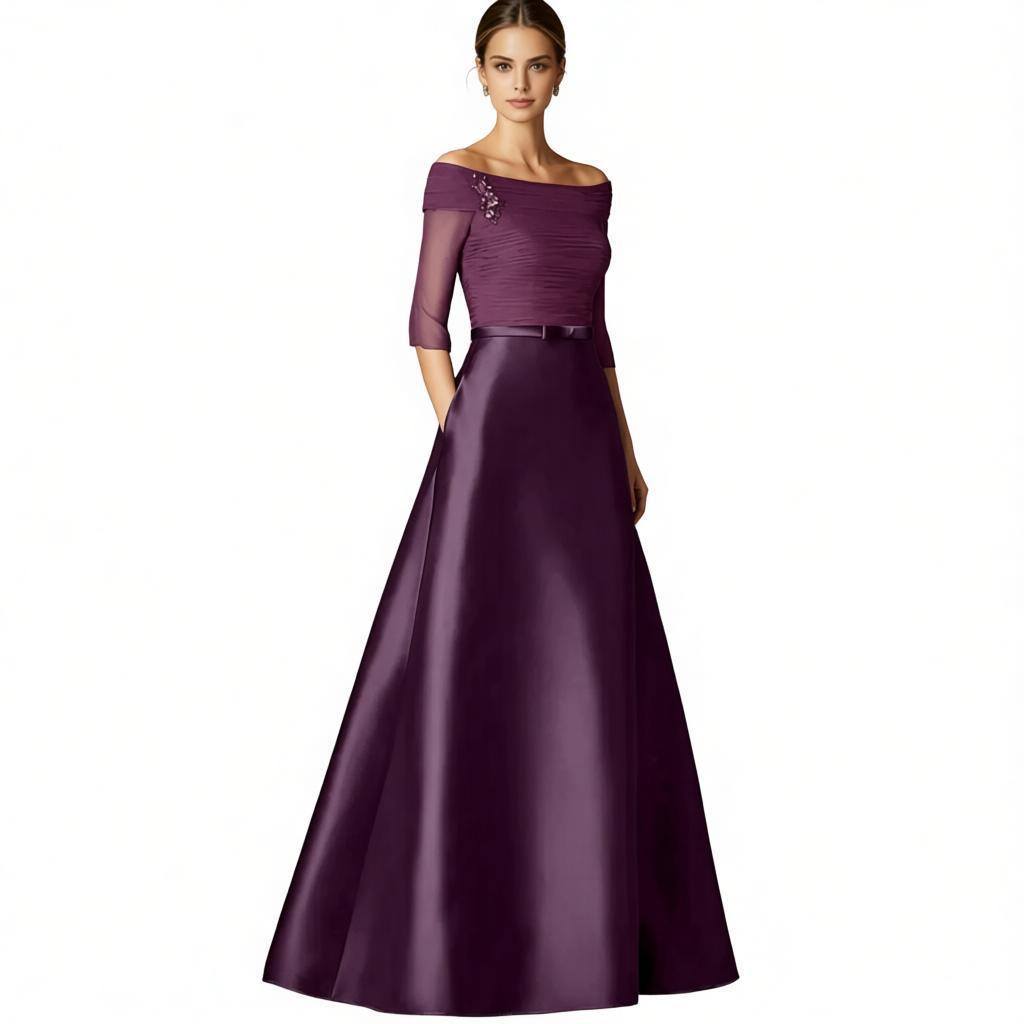 Elegant Off-the-Shoulder Satin A-Line Evening Gown with 3/4 Sheer Sleeves – Formal Dress for Mother of the Bride, Galas & Black-Tie Events