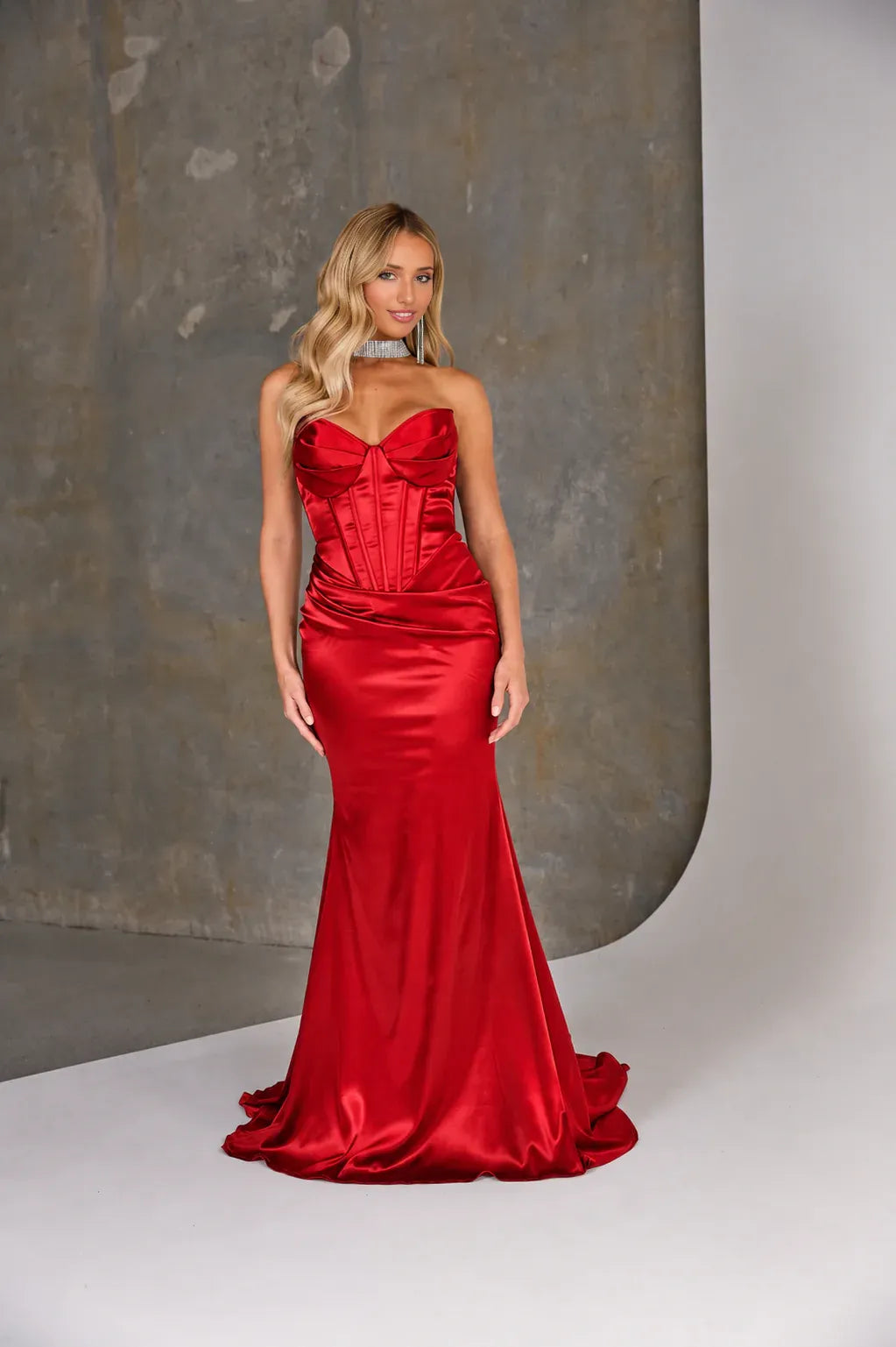 Strapless Satin Mermaid Evening Gown Boned Corset Wedding Guest Dress With Train