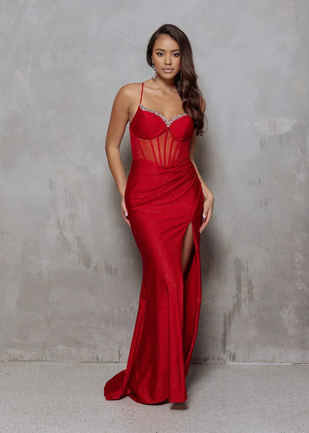 Glamorous Sheath Sweetheart Sleeveless Glitter Jersey Rhinestone Corset High Slit Prom Dress