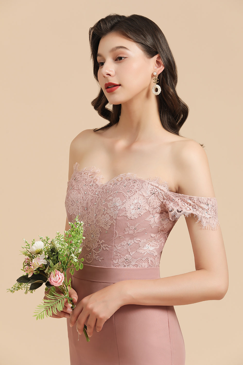 Mermaid Long Off the Shoulder Floral Lace Appliques Chiffon Floor length Bridesmaid Dress Evening Gown With Sweep / Brush Train