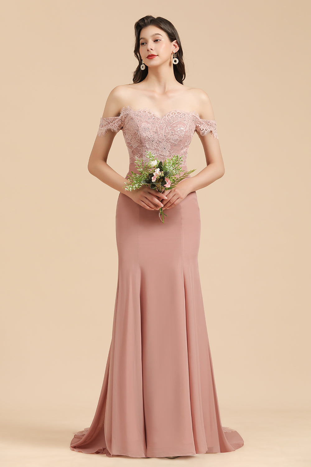 Mermaid Long Off the Shoulder Floral Lace Appliques Chiffon Floor length Bridesmaid Dress Evening Gown With Sweep / Brush Train