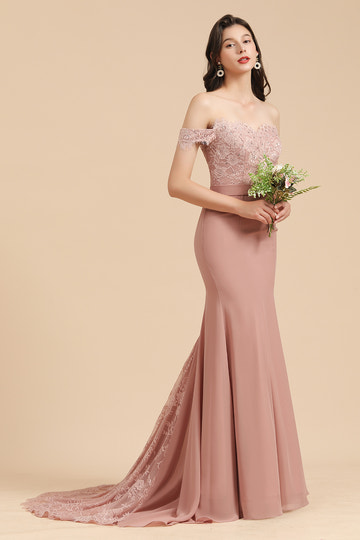 Mermaid Long Off the Shoulder Floral Lace Appliques Chiffon Floor length Bridesmaid Dress Evening Gown With Sweep / Brush Train