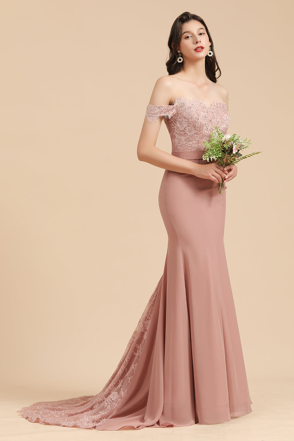 Mermaid Long Off the Shoulder Floral Lace Appliques Chiffon Floor length Bridesmaid Dress Evening Gown With Sweep / Brush Train