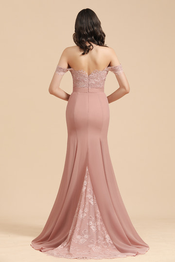 Mermaid Long Off the Shoulder Floral Lace Appliques Chiffon Floor length Bridesmaid Dress Evening Gown With Sweep / Brush Train