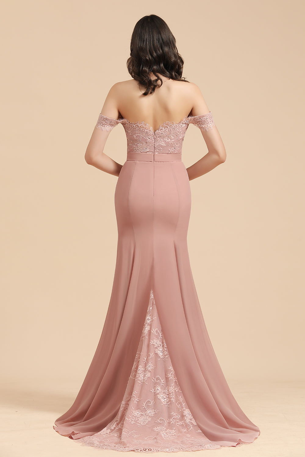 Mermaid Long Off the Shoulder Floral Lace Appliques Chiffon Floor length Bridesmaid Dress Evening Gown With Sweep / Brush Train