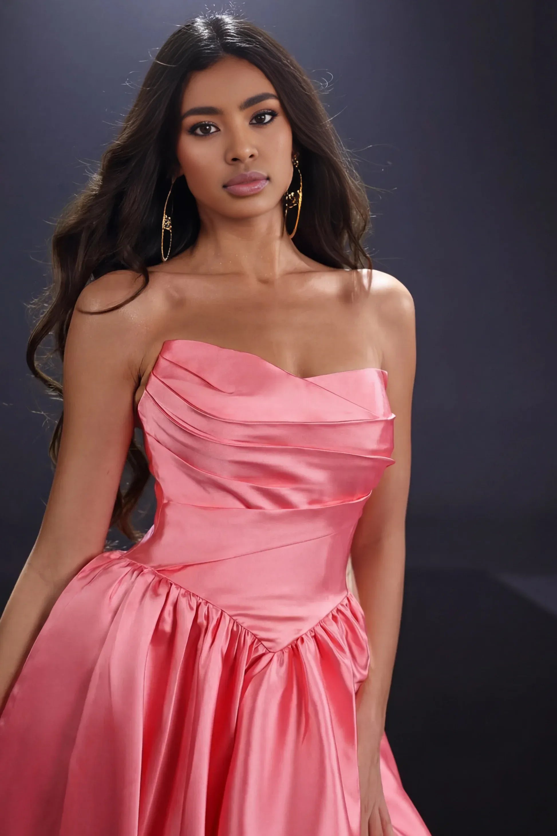 Elegant Ball Gown Sweetheart Neckline Sleeveless Satin Ruched Bodice High Slit Prom Gown