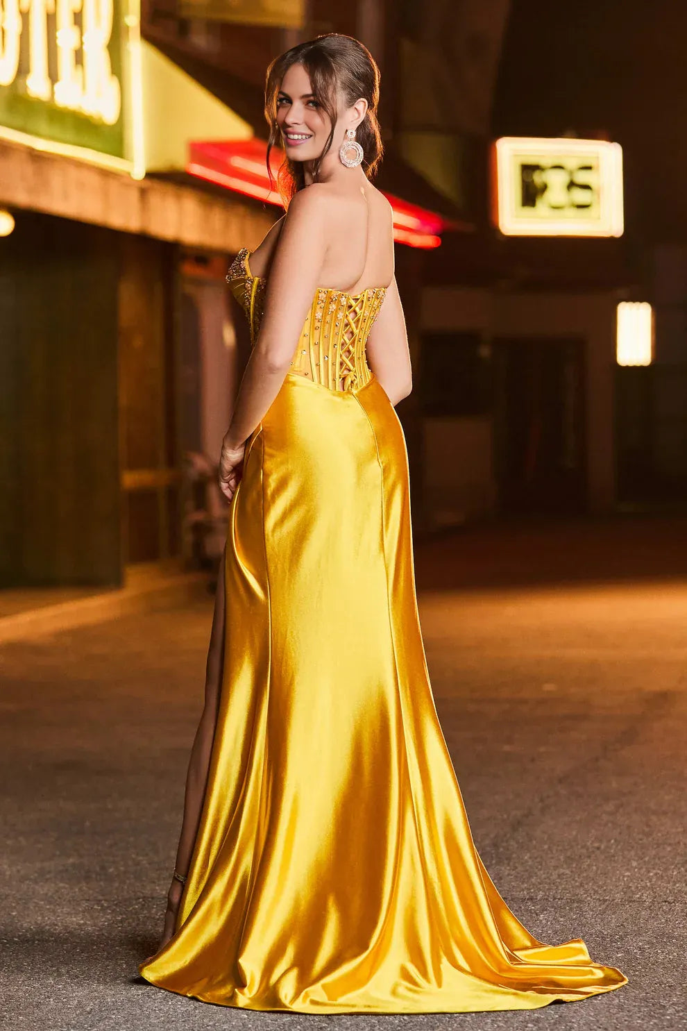 Radiant Mermaid Sweetheart Strapless Satin Floor Length Beaded Corset Slit Evening Dress