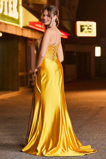 Radiant Mermaid Sweetheart Strapless Satin Floor Length Beaded Corset Slit Evening Dress
