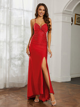 Rhinestone Embellished Spaghetti Strap Formal Gown V-Wire Neck High Slit Bodycon Maxi Dress for Prom and Pageants