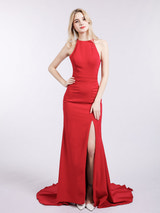 Satin Off-the-Shoulder Formal Gown High Slit Mermaid Maxi Dress with Sweep Train for Wedding Prom Evening Events