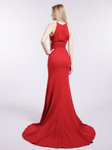 Satin Off-the-Shoulder Formal Gown High Slit Mermaid Maxi Dress with Sweep Train for Wedding Prom Evening Events