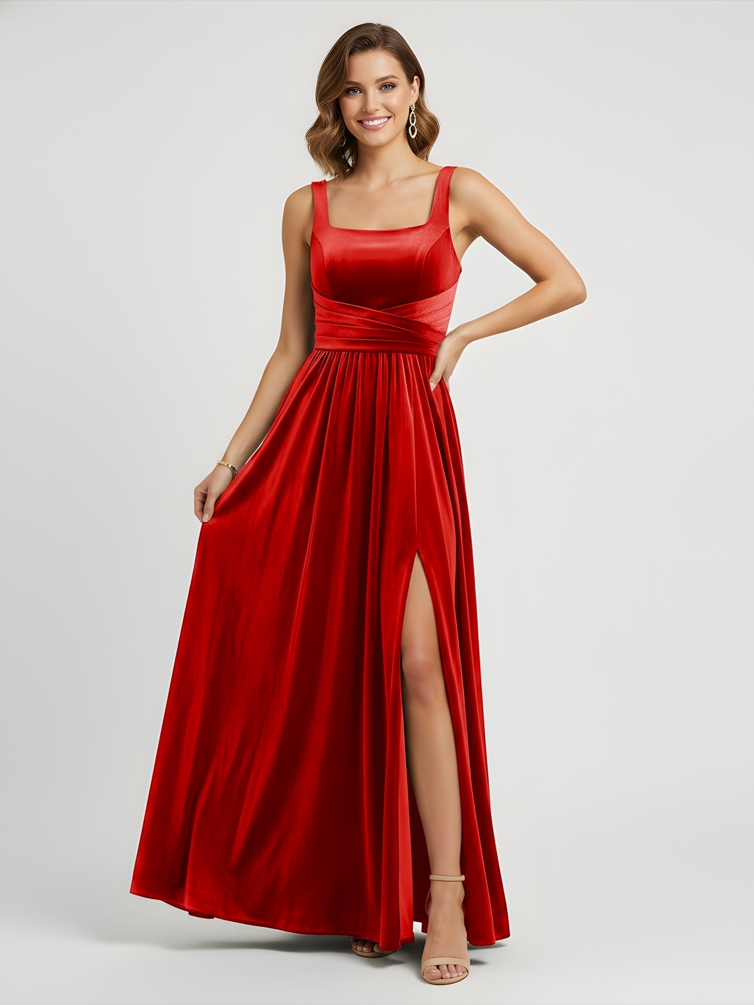 Luxury Dark Green Velvet Evening Gown Square Neck Ruched Waist High Slit Flowy A-Line Dress with Floor-Length Hem for Gala