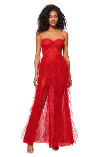 Women's Strapless Corset Bodice Gown with Layered Tulle Skirt and High Slit Evening Gown