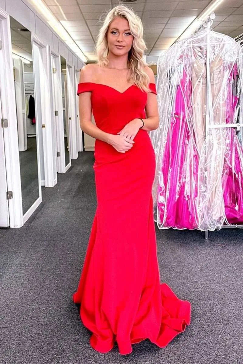 Vestido de gala de sirena de satén rojo sin hombros y sin espalda