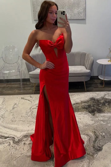 Vestido largo de fiesta sirena de satén rojo, estilo corazón, sin tirantes y sin espalda