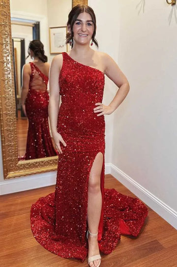 Red Sequin Mermaid One Shoulder Sleeveless Backless Maxi Prom Gown