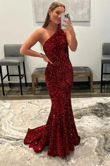 Vestido largo de fiesta de sirena de lentejuelas rojas con un hombro, sin mangas y sin espalda