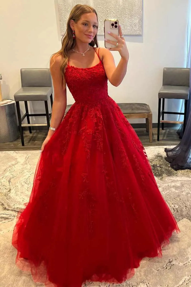 Red Tulle A-Line Spaghetti Strap Corset Prom Gown