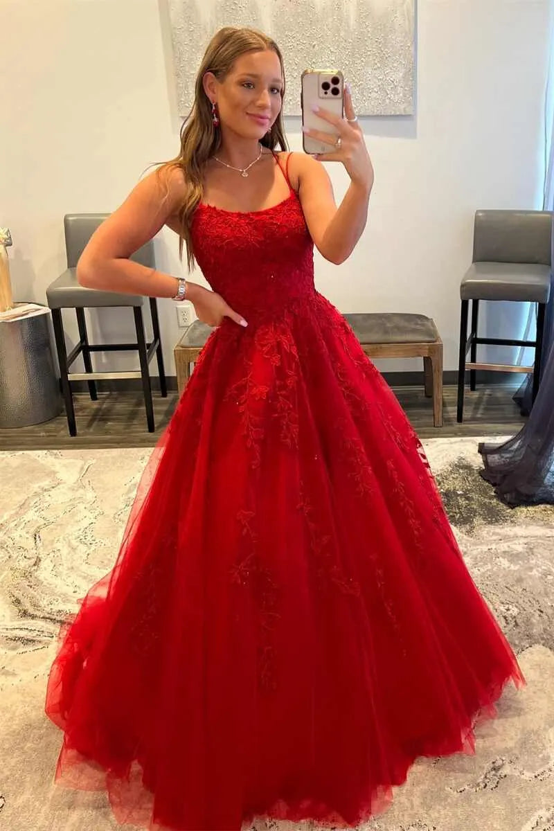 Red Tulle A-Line Spaghetti Strap Corset Prom Gown
