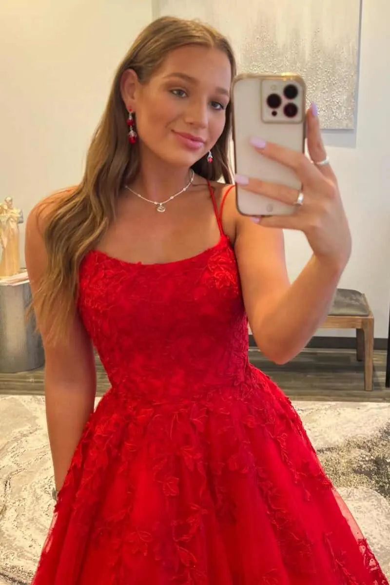 Red Tulle A-Line Spaghetti Strap Corset Prom Gown