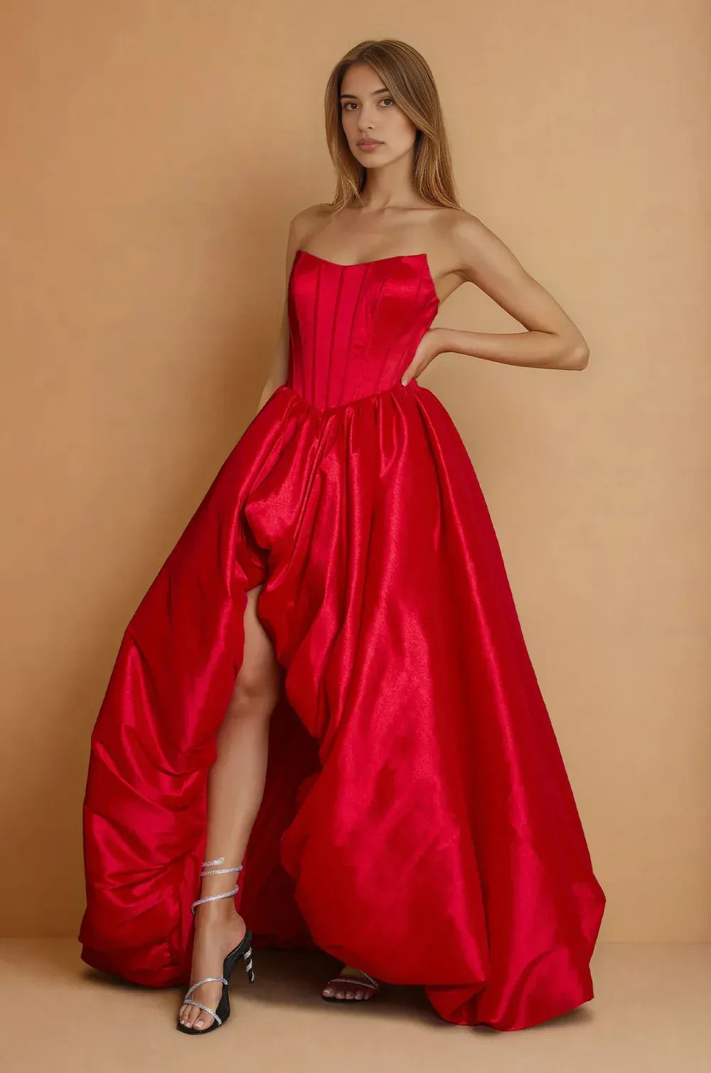 Glamorous High-Low Ball Gown Strapless Satin Corset Evening Gown with Full Skirt