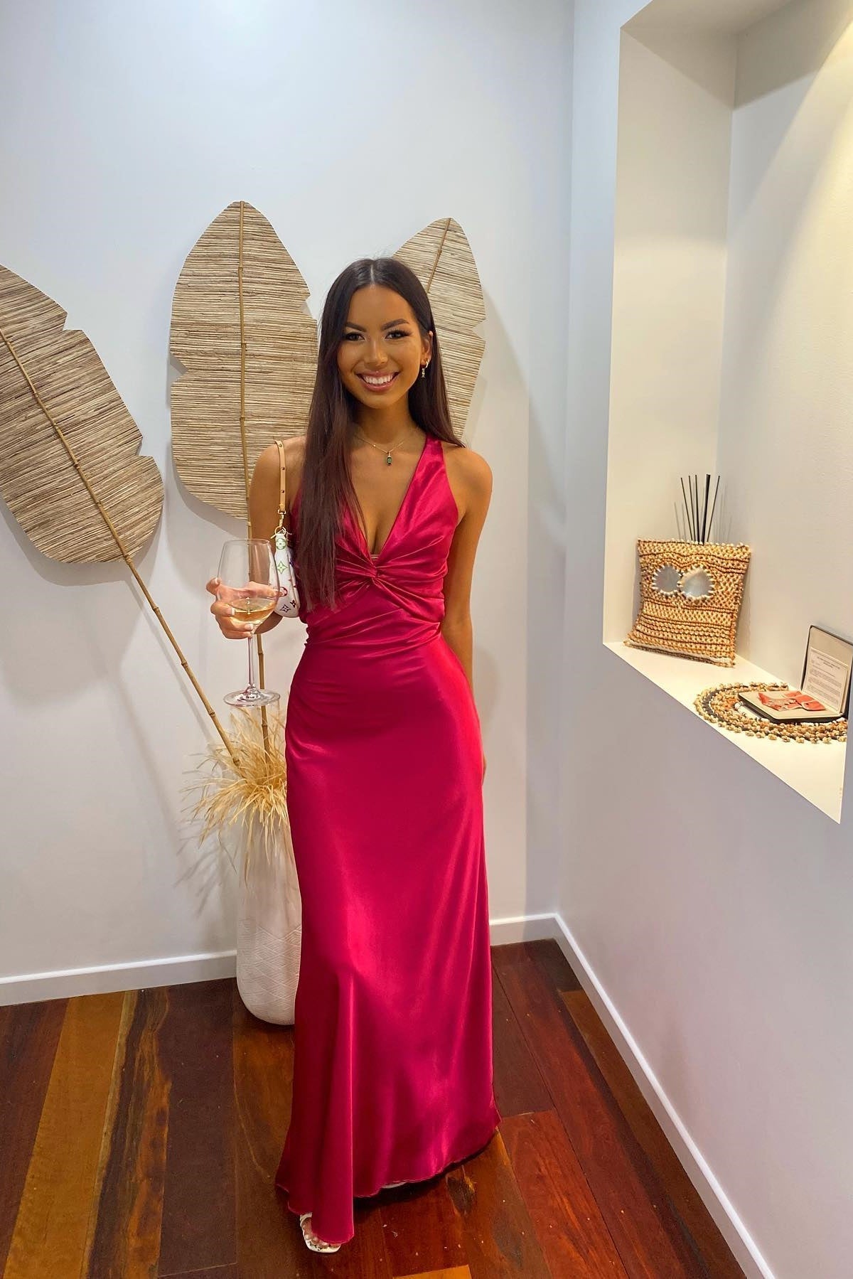 Sheath Halter Neck Soft Satin Wedding Guest Long Party Dress with Backless Bowknot Evening Dresses