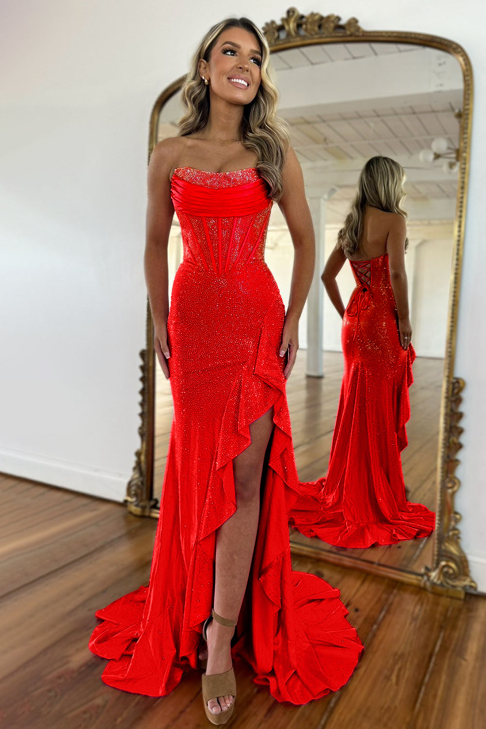 Elegant Mermaid Strapless Sequin-Embellished Mermaid Evening Gown with High Slit and Criss-Cross Back