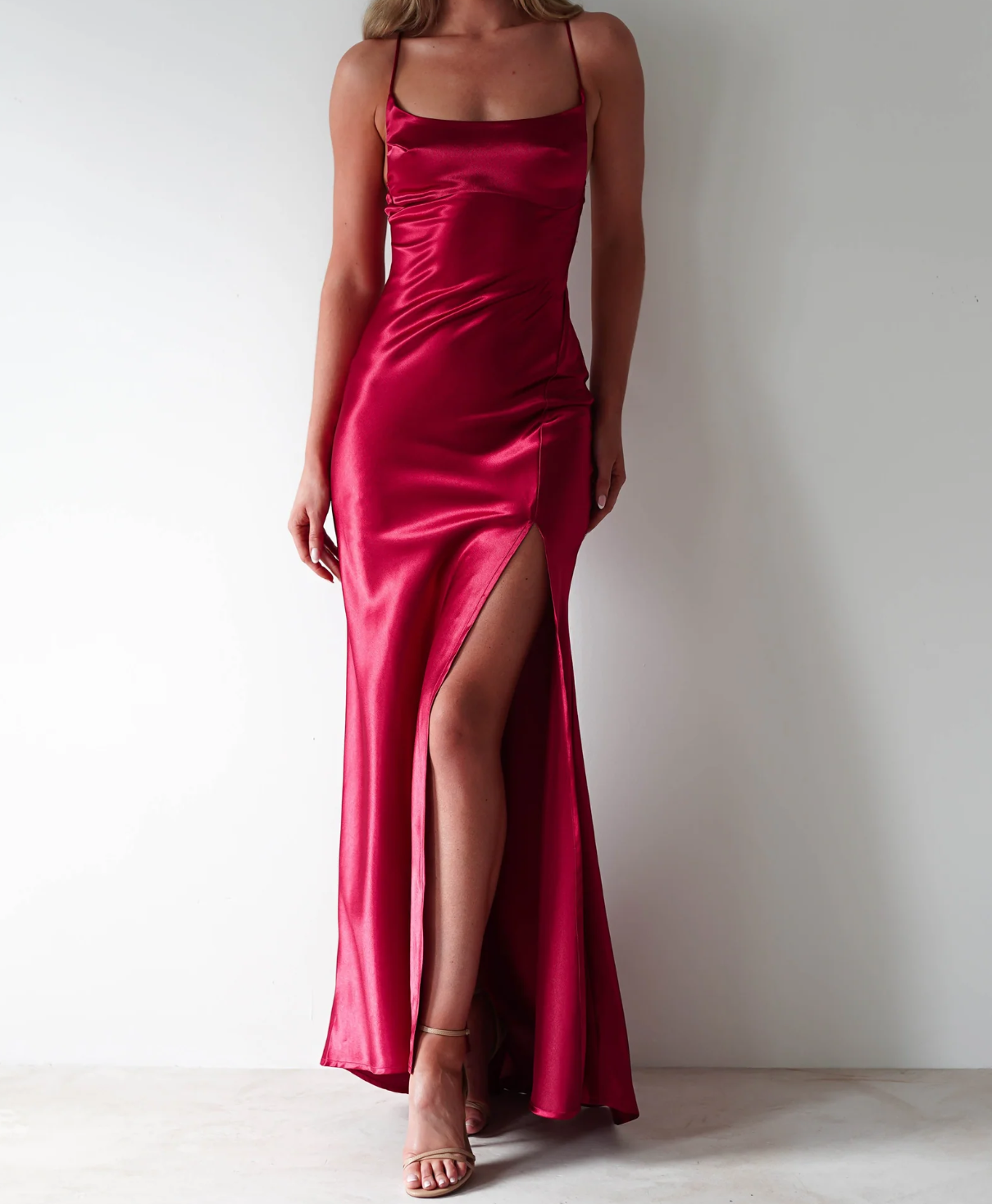 Elegant Soft Satin Slit Maxi Dress with Spaghetti Straps Party Wedding Guest Dresses With Mermaid Square Neck