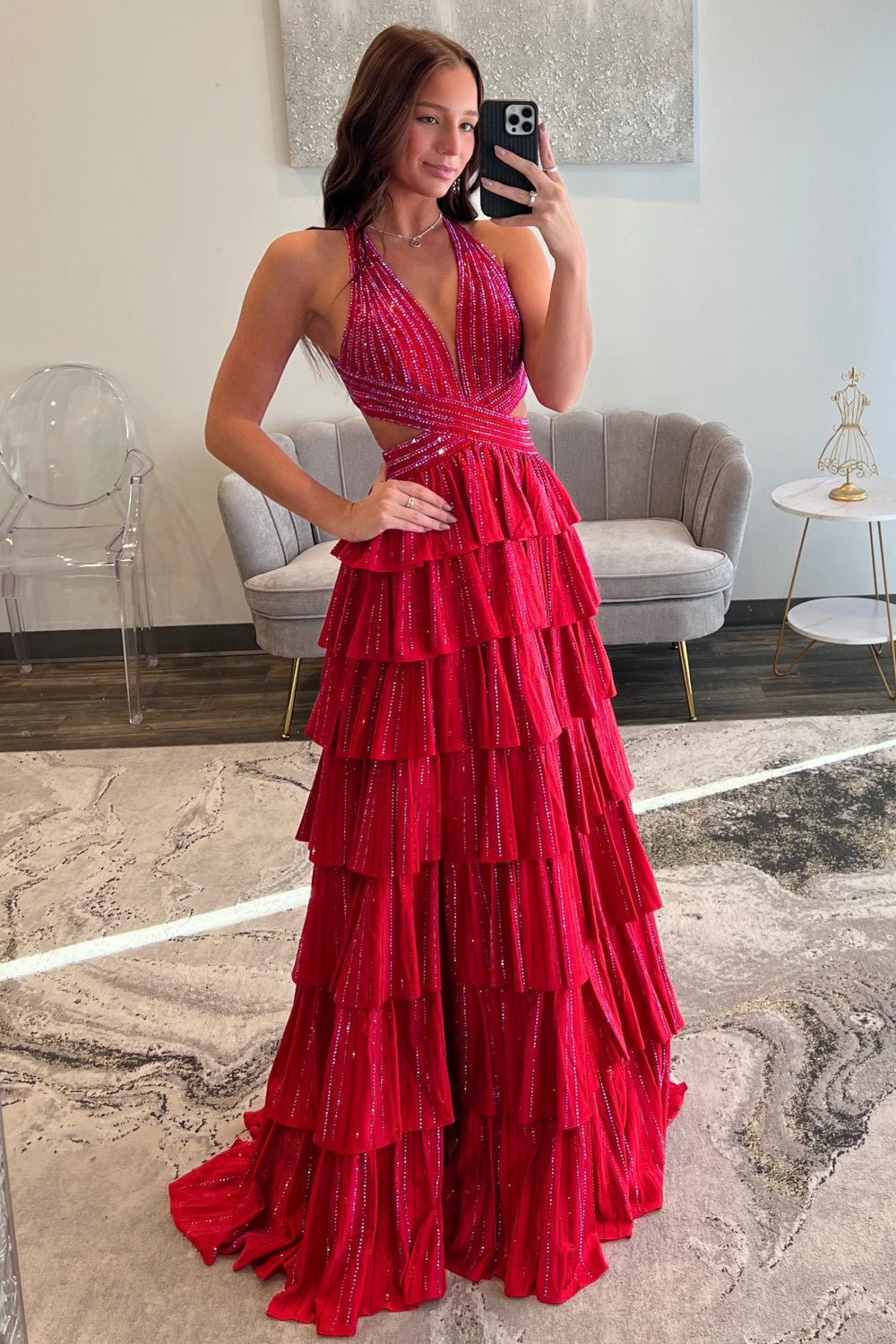 Vestido de fiesta de noche largo con abalorios, línea A, cuello halter, capas, brillante, espalda descubierta y abertura alta