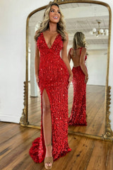 Sparkly Mermaid V Neck Gold Sequins Long Prom Dress Open Back Sweep/Brush Evening Dresses With Slit