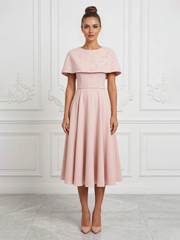 vedress blush pink plus size mother dress round neck beaded cape a line midi gown